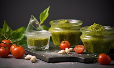 Homemade pesto sauce with fresh tomatoes and parsley on dark background AI generated