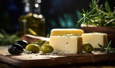 Cheese with olives and rosemary on a wooden board AI generated