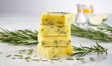 Cheese with rosemary on a white background. Selective focus AI generated