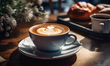 A cup of coffee with intricate latte art on a table beside flowers and a pastry