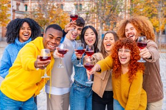 Multi-ethnic young people smiling and toasting with wine to the camera in the street