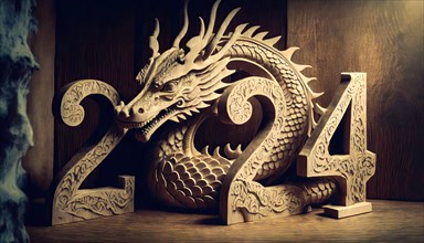 Happy new year 2024 with wood carved numbers in shape of wooden dragon chinese symbol. AI generated art