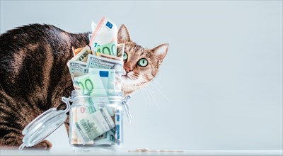 Cat posing on the background of a piggy bank. The concept of expenses for the maintenance of thoroughbred breeds of pets.