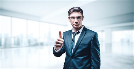 Portrait of a businessman in a suit. He is standing in the office of a skyscraper and shows a thumb up. Business concept.