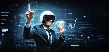 Portrait of a businessman in a suit and aviator helmet. He made a fan of a pack of hundred-dollar bills. Business concept.