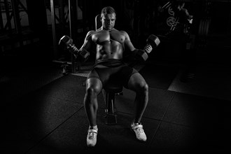 Professional athlete makes an exercise on the biceps by lifting dumbbells while sitting on the bench. View from above