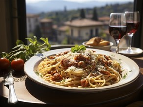 Ein edel gedeckter Tisch mit einem Weinglas und Teller voller leckerer Pasta bei atmosphaerischer Beleuchtung