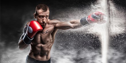 Professional boxer breaks the barrier with a glove. Dust and debris spilled over. 3d rendering. Sports concept.