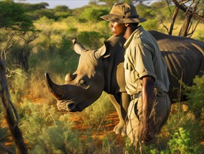 A ranger in a hat patrolling near a rhinoceros amongst tall grass in afternoon light