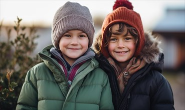 Two kids smiling together. Winter season. Sunset light AI generated