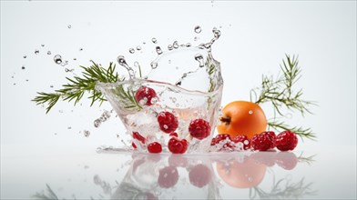 Cranberry in clean water with ice and rosemary on a white background AI generated