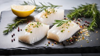 Raw white fish fillet with spices and lemon on wooden cutting board AI generated