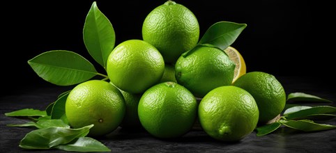 Fresh green limes with leaves on a black background. Close up AI generated