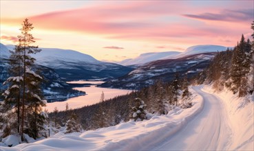 Winding snowy road leading through tranquil mountains at sunset AI generated
