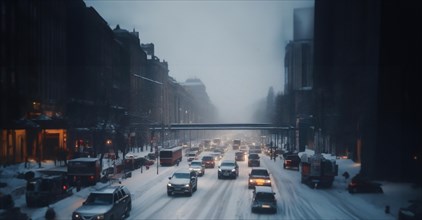 Traffic flow in the city on a snowy road