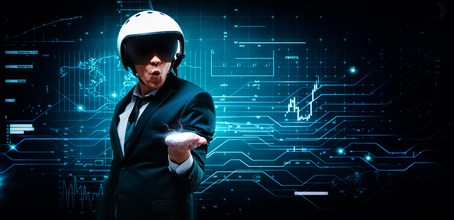 Portrait of a man in a suit and helmet. He put out a palm in which an electric charge. Business concept. Stock market. Brokers and traders.