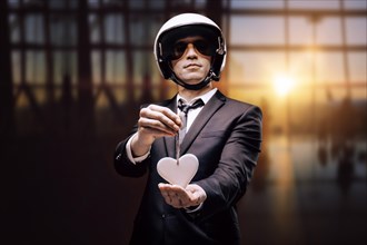 Portrait of a man in a helmet standing in the airport with a white heart in his hands. Travel and insurance concept.