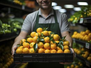 Shopkeeper smiling as he displays a crate of oranges and leaves