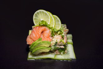 Salmon tartare on cucumber slices with fresh coriander