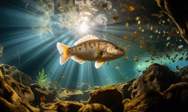 Rainbow trout swimming underwater in the ocean with rays of light AI generated