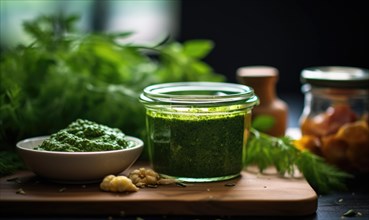 Pesto sauce in a glass jar and ingredients on a dark background AI generated