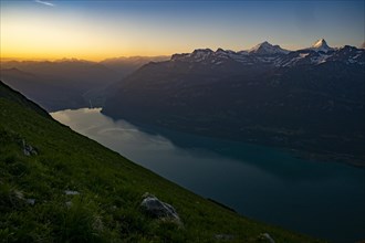 Mountain ridge with Swiss mountains and Lake Thun in the background at sunrise