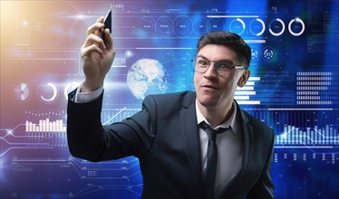 Man in a suit on a digital background holds out the phone. Stock market concept. Double exposure.