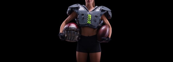 NO name portrait of a woman in shoulders pads. American football. Sports concept.