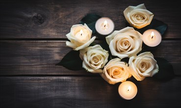Heart-shaped arrangement of roses with lit candles on a wooden surface AI generated