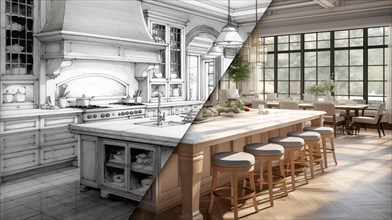 Concept design drawing to a finished renovation of a residential kitchen interior. generative AI