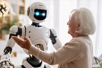 Elderly woman dancing and having fun with a cute white care robot