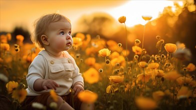 Cute baby boy in a field of poppies at sunset AI generated
