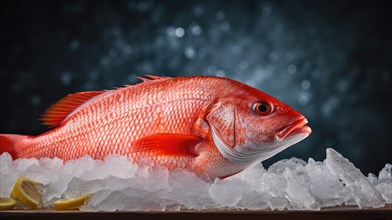 Fresh red fish on ice on dark blue background with bokeh AI generated