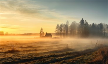 Foggy sunrise over a barn in a peaceful countryside AI generated