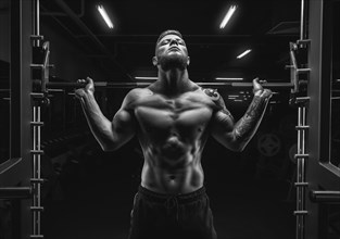 Portrait of an athlete with a barbell on the shoulders of the gym. Bodybuilding and fitness concept.