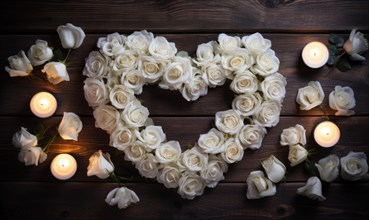 White roses in a heart shape surround by lit candles on a dark background AI generated