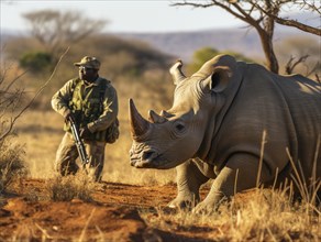 A ranger observing a rhinoceros in grassland terrain at golden hour
