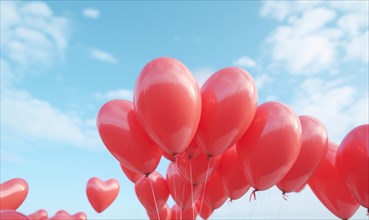 Cluster of red heart balloons soaring against a partly cloudy sky AI generated