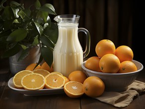 Creamy orange juice in a jug with oranges in a bowl