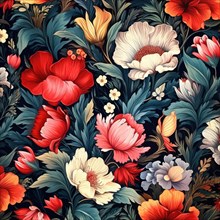A rich botanical pattern featuring red