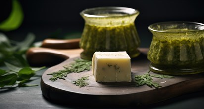 Homemade cheese with herbs and olive oil on a wooden board AI generated