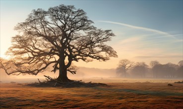 A serene sunrise scene with a solitary tree amidst a misty