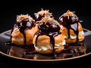 A small dessert plate with four profiteroles topped with chocolate sauce and a sprinkles. AI generated