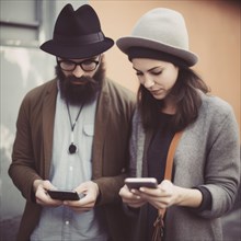 Young hipster couple sitting on a bench interacting with social networks with their smartphone.Ai Generative