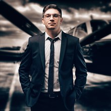Portrait of a man in a business suit. He stands at the airport amid a sports plane. Aircraft Designer. Private airlines.