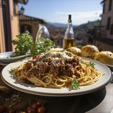 Ein Teller Spaghetti mit Blick auf alte Stadtgebaeude an einem sonnigen Tag