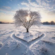 Frost-covered tree with snow arranged in a heart shape during sunrise AI generated