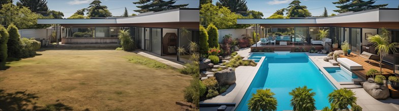 Before and after of an unattended mediocre back yard to A beautiful yard with a swimming pool. generative AI