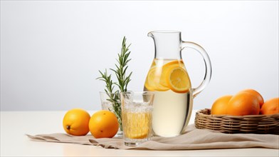 Fresh lemonade with lemon and rosemary in a jug on a white background AI generated