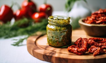 Homemade pesto sauce in a glass jar on a dark background AI generated